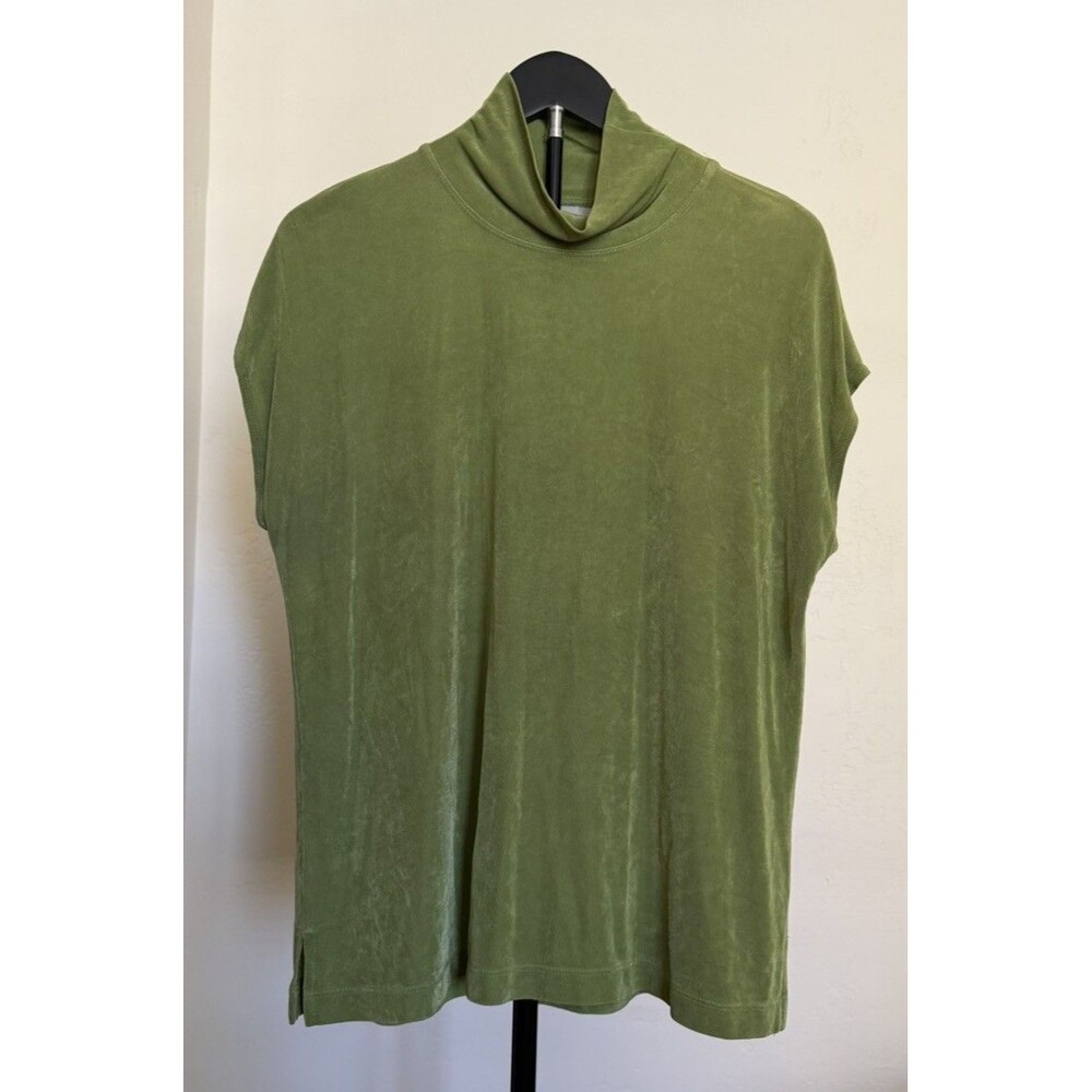 Chico's Travelers Slinky Knit Mock Neck Top Cap Sleeve Green XL Quiet Luxury